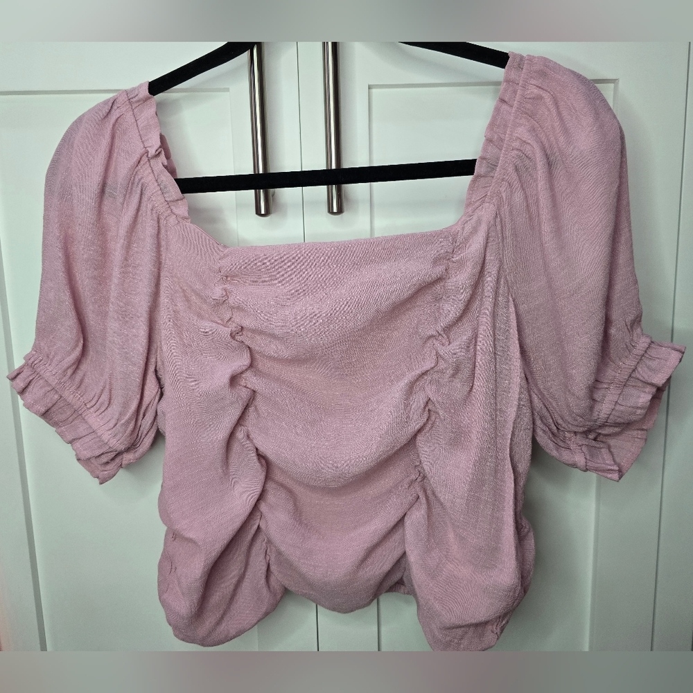 Love Tree Pink Ruched Puff Sleeve Blouse – Size L - Picture 2 of 10